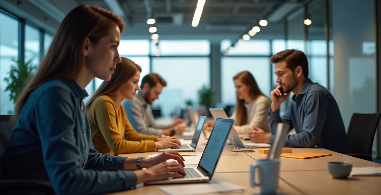 Photo d’un espace de travail collaboratif lumineux avec équipes utilisant plusieurs équipements de communication