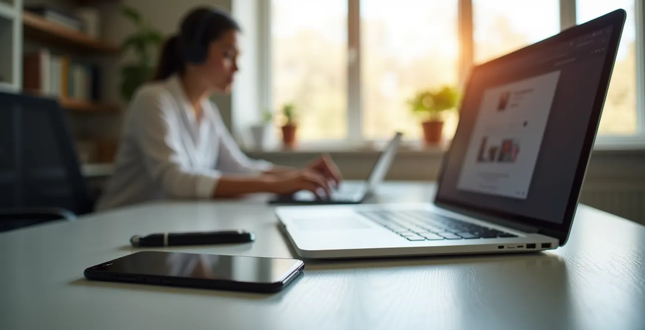 Espace de travail moderne avec équipements connectés et personne travaillant à distance